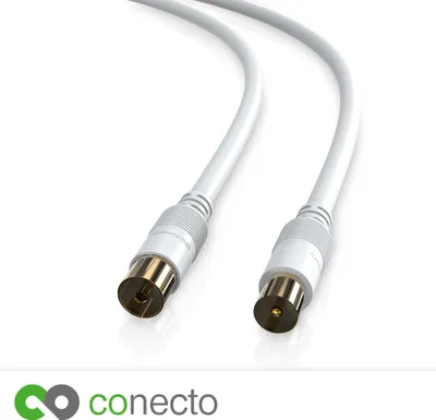 A white TV antenna cable with gold-plated connectors is shown against a white background.