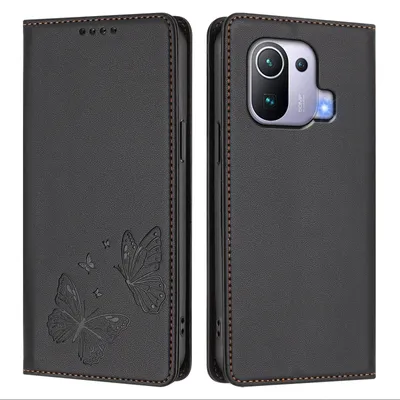 Produktbild von Lederhülle für Xiaomi Mi 11 Pro, Schmetterling Prägung Leder Brieftasche Schutzhülle mit Ständer Schwarz