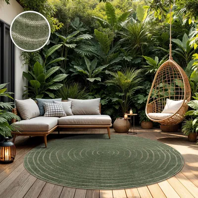 Produktbild von TT Home In-& Outdoorteppich Wetterfest Balkon Schlafzimmer Boho Skandi Motiv Unifarben Geometrische Optik Moderner Style Größe 200 cm Rund