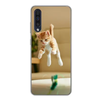 Produktbild von MuchoWow® Handyhülle Schutzhülle Hülle für Samsung Galaxy A30s Katze - Springen - Spielzeug Silikon Softcase Handy Hülle - Karteninhaber