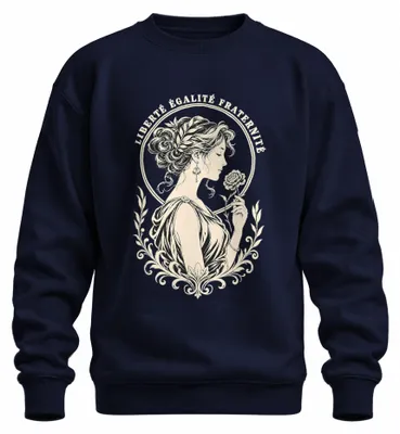 Imagen del producto de "Liberté, Égalité, Fraternité", Marianne. Camiseta de cuello redondo, estilo sudadera, color azul marino, talla XL