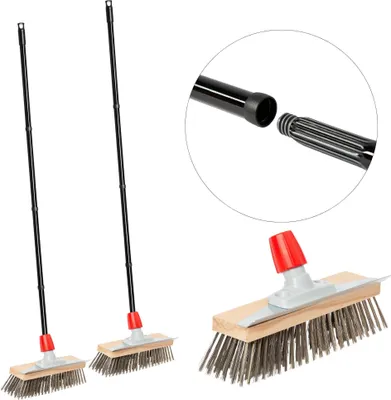 Image de Novaliv 2x Brosse métallique robuste avec manche - Balai en acier avec manche de 4 pièces, Elimination efficace de la mousse, Balai de rue, pour pavés & jardin, Balai en acier, Gratte-mousse, Balai à pizza, Brosse pour pierre à pizza