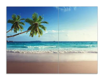 Produktbild von Wallario Herdabdeckplatte aus Glas, Größe 70 x 52 cm 2-teilig, Motiv Sandstrand auf den Seychellen - Urlaub unter Palmen