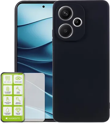 Image de Coque de protection en silicone et TPU pour Xiaomi Redmi Note 14 5G, noire + film de protection en verre trempé H9