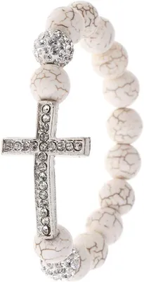 Imagen del producto de Pulsera de cuentas con piedras blancas y perlas, con un dije de cruz, elástica, para joyería religiosa