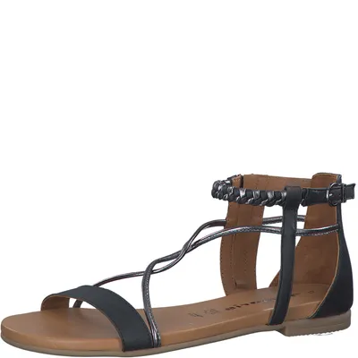 Produktbild von Tamaris Damen Sandale Leder Flechtoptik Metallic flach Reißverschluss 1-28043-20, Größe:37 EU, Farbe:Schwarz