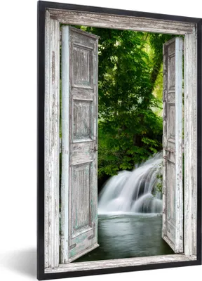 Produktbild von MuchoWow® Gerahmtes Poster Wasserfall - Aussicht - Landschaft 60x90 cm - Poster mit Schwarzem Bilderrahmen Wandposter Rahmen Foto Bilder - Kunst