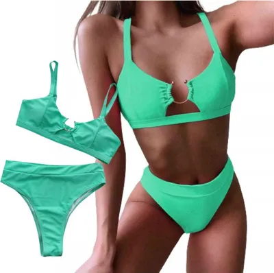 Zdjęcie produktu dla Strój kąpielowy dwuczęściowy wysoki stan bikini zielony kostium plaża basen M