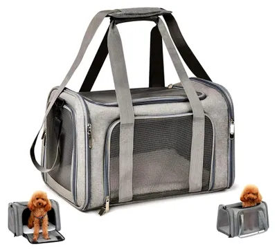 Produktbild von Transporttasche für Katzen und Hunde mit Schultergurt, tragbare Transporttasche für Tiere bis 7 kg, faltbare atmungsaktive Tragetasche, Haustiertasche für mittelgroße und kleine Haustiere (Grau, 45x30x30cm)