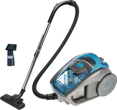 A vacuum cleaner and its accessories are displayed against a white background.