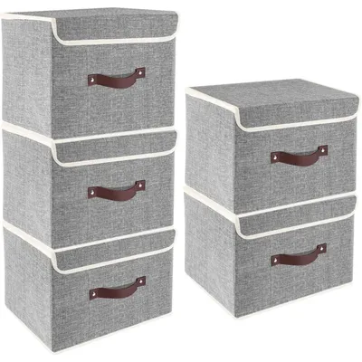 Zdjęcie produktu dla Składana skrzynia do przechowywania z pokrywą, wykonana z tkaniny, możliwość prania, wymiary 38x25x25 cm, zestaw 5 sztuk, kolor: szary