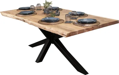 Produktbild von Esstisch Baumkante massiv Akazie Natur 200 x 100 Spider-Gestell schwarz CALI