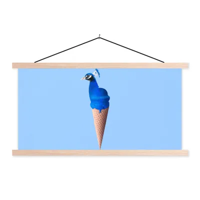 Produktbild von MuchoWow® Textilposter Pfau - Eistüte - Eiscreme - Blau - Vogel 60x30 cm mit holzfarbenen Rahmen - Dekoration