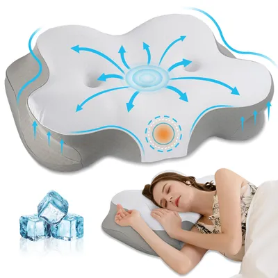 A pillow with diagrams showing airflow and cooling, and a woman sleeping on it. Ice cubes are also shown.