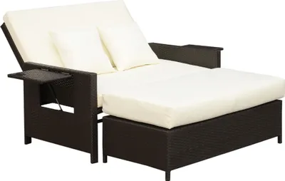 Zdjęcie produktu dla Dwuosobowa sofa ogrodowa Outsunny z polirattanu z funkcją rozkładania, leżanka ogrodowa o wyglądzie rattanu, wysuwany podnóżek ze schowkiem, z poduszką na siedzisko, brązowy + kremowy, 130 x 72 x 96 cm