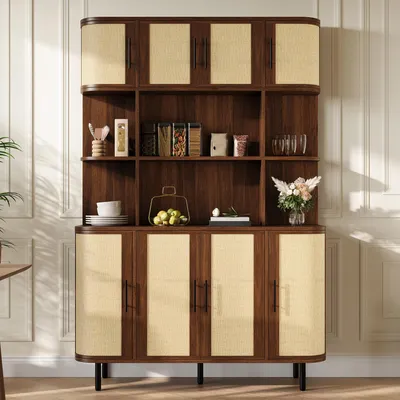 Immagine prodotto di Armadio alto STILVORA con ante in rattan e 8 porte, mobile contenitore con struttura in MDF e gambe in ferro, armadio contenitore con maniglia nera, design moderno