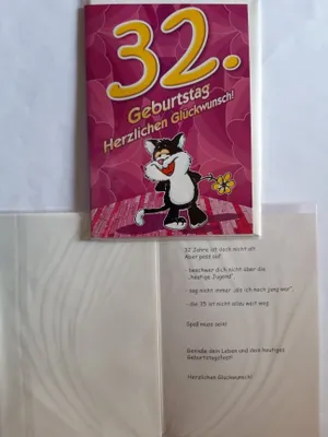 Produktbild von 1 Glückwunschkarte, 32. Geburtstag, Doppelkarte m. Umschlag, Katze Blume