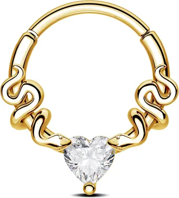 Imagen del producto de Piercing nasal tipo septum, calibre 16G, con forma de corazón y adornado con circonitas. Fabricado en acero inoxidable, disponible en medidas de 8 mm y 10 mm