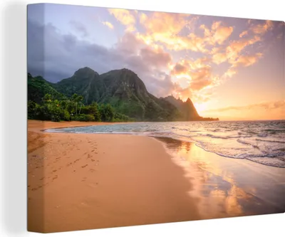 Produktbild von OneMillionCanvasses® - Leinwandbilder - 140x90 cm, Sonnenuntergang auf Kauai, Wandbilder Kunstdruck Wanddekoration - Foto auf Leinwand - Gemälde auf Holzrahmen
