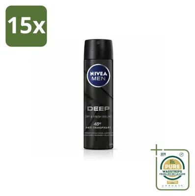 Imagen del producto de 15 unidades de antitranspirante en spray NIVEA MEN DEEP, fórmula Black Carbon, 150 ml, pack ahorro