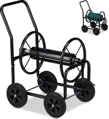 Productafbeelding van Famanu slanghaspel, 60 meter slang - Stabiel met metalen constructie - Klikverbinding - Tuinslanghaspel - 4 rubberwielen - Groen