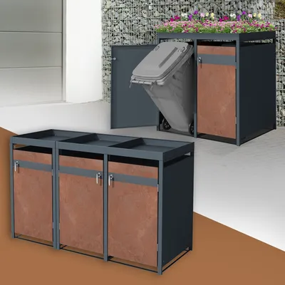 Obrázok produktu pre ML-Design 3-zásobníkový box so strieškou na 3 zásobníky, 240 l, 200x80x124 cm, hrdzavý vzhľad, oceľ, odolný voči poveternostným vplyvom/uzamykateľný