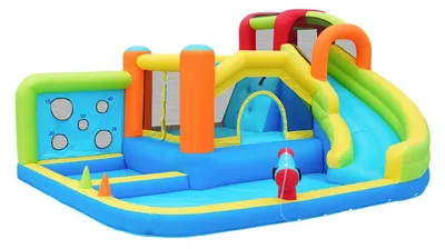 Zdjęcie produktu dla Dmuchany zamek dla dzieci Zimilo z dmuchawą, park wodny ze zjeżdżalnią, trampolina, ścianka wspinaczkowa, kosz do koszykówki, ścianka do rzucania, do użytku przez cały rok