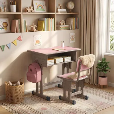 Image de AIORBER : ensemble bureau et chaise pour enfant, réglable en hauteur, ergonomique, stable, mobilier d'étude, rose