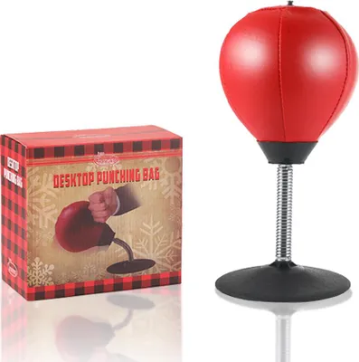 Produktbild von Tisch Punchingball Boxsack mit Saugnapf – Stressabbau am Schreibtisch – Mini Boxball für Büro und Zuhause – für Erwachsene und Kinder – inkl. Handpumpe und Stahlfeder – 17,5 x 17,5 x 36 cm