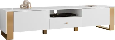 Produktbild von MIRJAN24 TV-Lowboard Loutio 2K1SZ, TV-Schrank mit zwei Drehtüren und eins Schubladen (Farbe: Weiß / Gold)