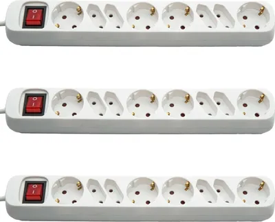 Three identical white power strips with red switches are arranged vertically against a white background.
