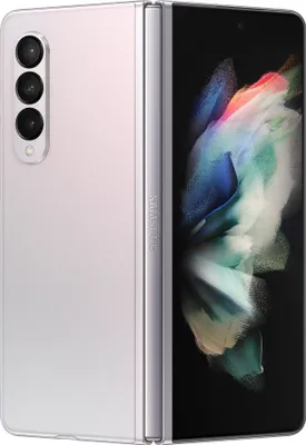 A silver Samsung Galaxy Z Fold3 5G smartphone is shown unfolded, displaying its screen.