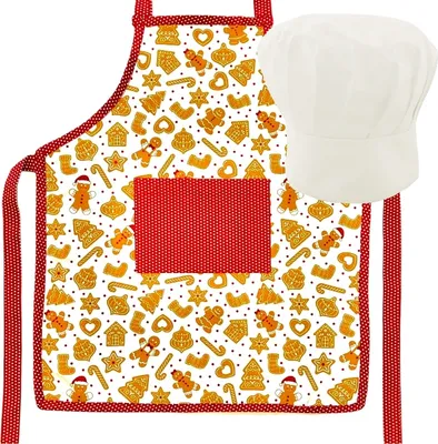 Produktbild von Weihnachtsschürze für Kinder inkl. Kochmütze – 50 x 59 cm – 4–9 Jahre – 100 % Baumwolle