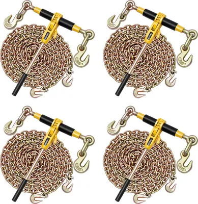 Immagine prodotto di VEVOR Tenditore a cricchetto con catene di fissaggio G80 10 mm x 6,1 m, set da 4, forza di tensionamento 4173 kg, fissaggi per catene da trasporto, legacci per catene per il fissaggio del carico, trasporto, rimorchi a pianale