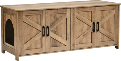 A wooden cabinet designed to conceal a litter box.