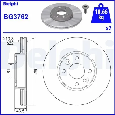 Produktbild von 2x DELPHI Bremsscheibe BG3762 für RENAULT CLIO II (BB0/1/2_ CB0/1/2_) 43 5mm