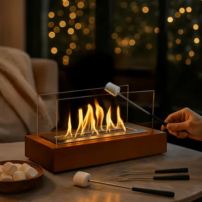 Produktbild von Double T Concept® Indoor Outdoor Feuersäule Dekokamin Tischkamin Dekofeuer Tischfeuer Terrassenkamin Juno Walnuss Bioethanol Holz Feuersäule