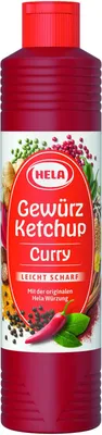 A bottle of Hela Gewürz Ketchup Curry.