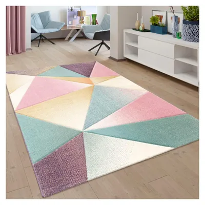 Produktbild von TT Home Moderner Teppich Wohnzimmer Teppiche Trapez Muster Pastell Farben Multicolor, Größe:60x100 cm