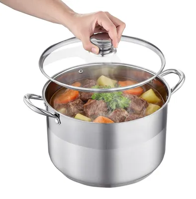 Image de Casserole en acier inoxydable - Grande marmite de 11,4 L - Compatible induction - Avec couvercle en verre - Sans PFOA ni PFAS - Pour cuisinières à gaz et électriques - Idéale pour les ragoûts et les pâtes