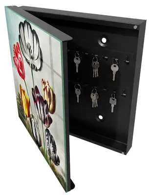 Produktbild von Schwarzer Metall-Schlüsselkasten, 30 x 30 cm – Schlüsselkasten zur Wandmontage mit Tür – Schlüsselkasten mit nach links öffnender Tür – praktischer Aufbewahrungsort für Schlüssel zu Hause – Retro-Tulpen, KI-generiertes Bild
