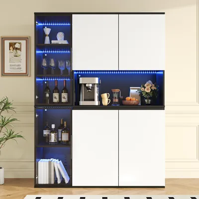 Image de Armoires de cuisine Flieks avec éléments en verre, éclairage LED intégré, buffet de cuisine avec un espace de rangement spacieux, meuble de rangement de 120x40x160 cm, noir et blanc
