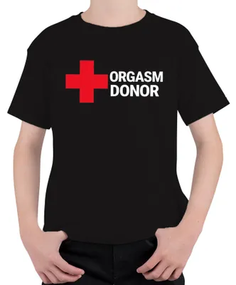 Zdjęcie produktu dla Koszulka uni dla dzieci „Orgasm Donor” – erotyczny i zabawny prezent na wieczór panieński, Walentynki lub imprezę, kolor czarny, rozmiar 116