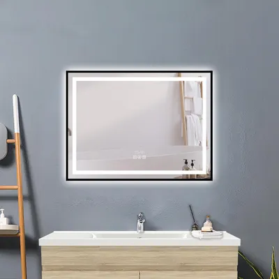 Produktbild von LED Spiegel 80×60cm Badspiegel mit Beleuchtung Bluetooth Uhr 3 Lichtfarben dimmbar Touch Memory Beschlagfrei Wandspiegel Badezimmer IP44