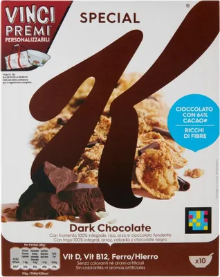 Produktbild von 6x Kellogg's Special K Dark Chocolate Fiocchi di Riso Cereals Dunkle Schokolade Reisflocken Vollkorn Weizen und Gerste mit Vitaminen und Mineralstoffen mit Schokoladenlocken 290g Getreideflocken