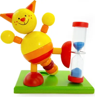 Produktbild von Hess Holzspielzeug 14521 - Zahnputzuhr aus Holz für Kinder, Serie Katze, inkl. Zahnbürstenhalter und drehbarer Sanduhr, handgefertigt, zur täglichen Nutzung beim Zähneputzen