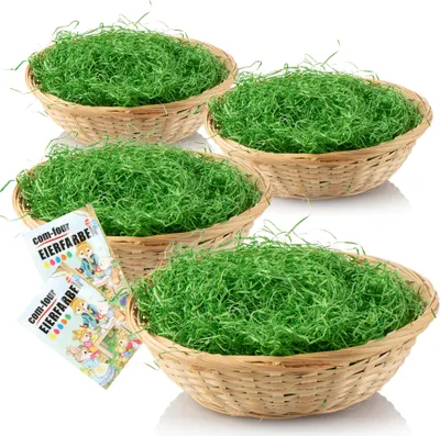 Produktbild von com-four® 4x Osterkörbchen mit Deko Gras und Eierfarben - Osterkörbe mit grünem Gras - Bastkorb mit Ostergras