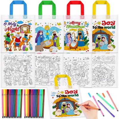 12 Weihnachtskrippen-Taschen zum Ausmalen + 24 Stifte