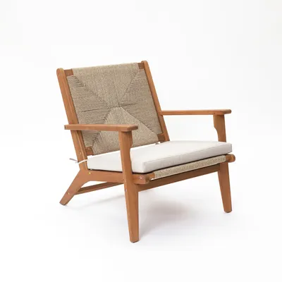 Produktbild von 65x73cm Gartenstuhl Holz - Outdoor Sessel Seilbespannung Geflochtener Rückenlehne Hochlehner mit Kissen für Balkon, Garten, Terrasse