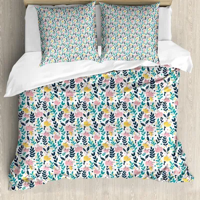 Immagine prodotto di Set copripiumino ABAKUHAUS, grazioso motivo a fiori su sfondo tinta unita con stampa primaverile, 155 x 220 cm + 80 x 80 cm, multicolore
